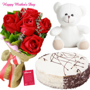 Tender Delight - 8 Red Roses Bunch, Teddy 6 inch, 1/2 Kg Blackforest Cake and card