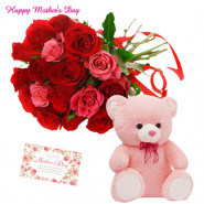 Red N Pink Gift - 20 Red & Pink Roses Bunch, Teddy 6 inch and card