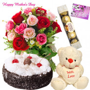 Tender Love for Mom - 12 Red & Pink Roses Bunch, Teddy 6 inch with Heart, Ferrero Rocher 4 pcs, 1/2 kg Black Forest Cake and card