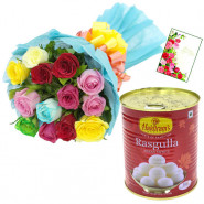 Mix Gulla - 10 Mix Roses Bunch, Rasgulla 500 gms and card