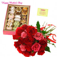 Red N Pink Mix - 12 Red & Pink Roses Bunch, Kaju Mix 250 gms and card