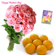 Roses N Laddoo - 25 Pink Roses Bunch, Motichur Laddoo 500 gms and card