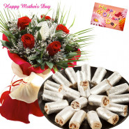 Red Rosy Roll - 15 Red Roses Bunch, Kaju Anjir Roll 250 gms and card