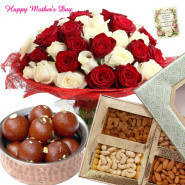 Mix Tender Nuts - 20 Red N White Rose in Vase, Gulab Jamun 500 gms, Assorted dryfruits 200 gms in Box and card