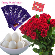 Sweet Chocolaty - 15 Red Roses Bunch, Rasgulla 500 gms, 5 Dairy Milk 14 gms and card