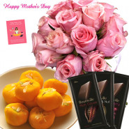 Token of Love - 18 Pink Roses bunch, Kesar Penda 500 gms, 3 Bournville 30 gms and card