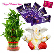Ganesha Luck - 3 Layer Lucky Bamboo Plant, Ganesh Idol, 5 Dairy Milk 14 gms and Card