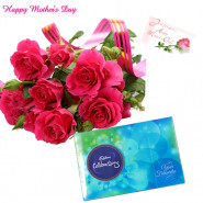 Smile For Mom - 10 Artificial Red Rose, Cadbury Celebration 118 gms and Card