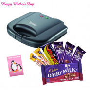 Cooking Delight - Prestige Fixed Grill Plates Sandwich Toaster 800 watts, Assorted Cadbury Hamper (2 Dairy Milks 14 gms each, 2 5 stars 25 gms each, 1 Fruit n Nut of 40 gms, 1 Perk chocolate) and Card