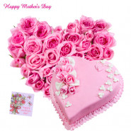 Pink Heart - 40 Pink Roses Heart Shaped, Heart Strawberry Cake 1 kg and card