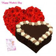 Red Choco Heart - 50 Red Roses Heart Shaped, Chocolate Heart Cake 1 kg and card