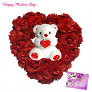 Heart Rose N Teddy - 25 Red Roses Heart Shaped Arrangement , Teddy 8 inch and card