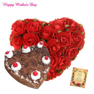 Red N Black Heart - 30 Red Roses Heart Shape, Black Forest Heart Cake 1 kg and card