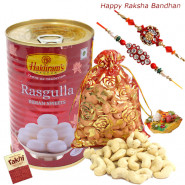 Festive Sweet - Rasgulla 500 gms, Cashewnuts in Potli with 2 Rakhi and Roli-Chawal