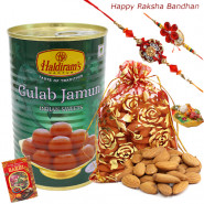 Loved - Gulabjamun 500 gms, Almonds in Potli with 2 Rakhi and Roli-Chawal
