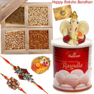 Rasgulla Love - Haldiram Rasgulla 500 gms, Assorted Dry Fruits in Box, Ganesh Idol with 2 Rakhi and Roli-Chawal