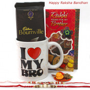 Rakhi Choco Mug - I Love My Bro Personalized Mug, Bourneville 30 gms with 2 Rakhi and Roli-Chawal