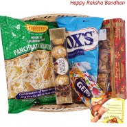 All in One Basket - Haldiram Namkeen, 1 Gems, Dryfruit Chikki Box, Fox Crystal Clear, Ferrero Rocher 4 pcs (Rakhi & Tika NOT Included)