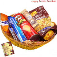 Adorable Gift Basket - Haldiram Namkeen, Oreo Cookies, 1 Snickers, 1 Twix, Pringles Wafers, Ferrero Rocher 4 pcs, Fox Crystal Clear (Rakhi & Tika NOT Included)