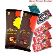 Delicious Chocolates - Cadbury Bournville Rich Cocoa, Cadbury Bournville Raisin n Nut, 3 Kitkat, Gems (Rakhi & Tika NOT Included)