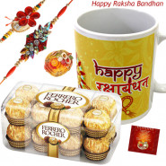 Golden Mug Combo - Ferrero Rocher 16 Pcs, Happy Rakshabandhan Personalized Mug with 2 Rakhi and Roli-Chawal