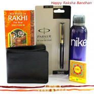 Rakhi Gift - 1 Nike Deo, 1 Parker Beta Standard Ball Pen, Leather Black Wallet with 2 Rakhi and Roli-Chawal