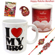 Sweet Blast - Haldirams Rasgulla 500 gms, I Love My Bro Personalized Mug with 2 Rakhi and Roli-Chawal