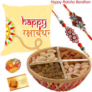 Soft Nutty - Happy Rakshabandhan Personalized Cushion, Assorted Dryfruits Basket with 2 Rakhi and Roli-Chawal