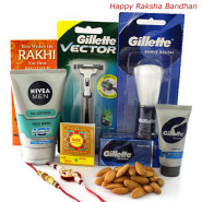 Grooming Well - Gillette shaving brush, Gillette Vector Razor, Nivea Men's face wash, Gillete Shaving Gel, Badam 100 gms in potli with 2 Rakhi and Roli-Chawal