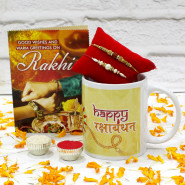 Super Mug Delight - Happy Rakshabandhan Personalized Mug with 2 Rakhi and Roli-Chawal