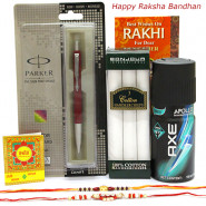 Accessorize Well - 1 Parker Vector Standard Ball Pen, Bonjour Set of 3 Cotton Hankerchiefs, AXE Deo for Men with 2 Rakhi and Roli-Chawal