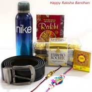 Golden Accessories - Ferrero Rocher 16 Pcs, Leather Black Belt, 1 Nike Deo with 2 Rakhi and Roli-Chawal