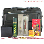 For My Brother - Black Office Bag, Fogg Deo, Leather Black Wallet, Parker Vector Standard Ball Pen with 2 Rakhi and Roli-Chawal