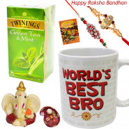 Tea Time - World's Best Bro Personalized Mug, Twinings Green Tea - 25 Tea Bags, Ganesh Idol with 2 Rakhi and Roli-Chawal