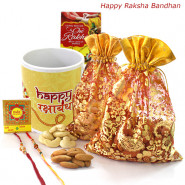 Nut N Mug - Kaju 100 gms in Potli and Badam 100 gms in Potli, Happy Rakshabandhan Personalized Mug with 2 Rakhi and Roli-Chawal