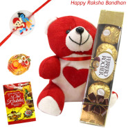 For you Kid - Teddy 6 inch, Ferrero Rocher 4 Pcs with 1 Natkhat Krishna Rakhi and Roli-Chawal