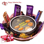 Royal Love Basket - Danish Butter Cookies, 1 5 Star, 1 Mars, 1 Twix, 1 Cadbury Dairy Milk Crackle, 3 Cadbury Dairy Milk Silk, 1 Snickers & Valentine Greeting Card