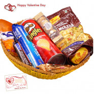 Valentine Basket - Haldiram Namkeen, Oreo Cookies, 1 Snickers, 1 Twix, Pringles Wafers, Ferrero Rocher 4 Pcs, Fox Crystal Clear & Valentine Greeting Card
