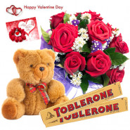 Toblerone Love - Bunch Of 10 Red Roses, Teddy Bear 6 Inches, 2 Toblerone 100 Gms Each & Valentine Greeting Card