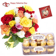 Mix Rose Rocher - Bunch Of 20 Mix Roses, Ferrero Rocher 16 Pcs & Valentine Greeting Card