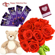 Red Teddy Choco - Bunch Of 12 Red Roses, Teddy Bear  6 Inches, 5 Cadbury Dairy Milk Chocolate Bars 14 Gms Each & Valentine Greeting Card