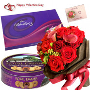 Cookie Choco Roses - Bunch Of 10 Red Roses, Danish Butter Cookies 454 Gms, Cadbury's Celebration 118 Gms & Valentine Greeting Card