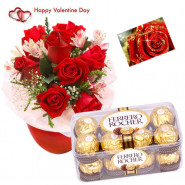 Red Vase N Ferrero - Vase Of 10 Red Flowers , Ferrero Rocher 16 Pcs & Valentine Greeting Card