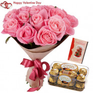 Pink Ferrero Combo - Bunch Of 12 Pink Roses, Ferrero Rocher 16 Pcs & Valentine Greeting Card