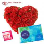 Thirty Heart Choco - Heart Shape Arrangement Of 30 Red Roses, Cadbury's Celebration 118 Gms & Valentine Greeting Card