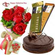 Rose Temptation Cake - Bunch Of 10 Red Roses, 2 Cadbury Temptation , 1/2 Kg Chocolate Cake & Valentine Greeting Card