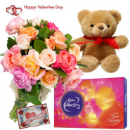 Mix Teddy Celebration - Bunch Of 15 Mix Roses, Teddy Bear 6 Inches, Cadbury's Celebration 118 Gms & Valentine Greeting Card