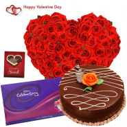 Hearty Choco Celebration - Heart Shape Arrangement Of 50 Red Roses, 1/2 Kg Chocolate Cake, Cadbury's Celebration 118 Gms & Valentine Greeting Card