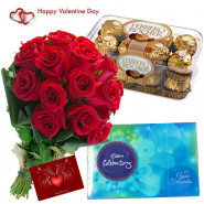 Rose Rocher Celebration - Bunch Of 10 Red Roses , Cadbury's Celebration 118 Gms, Ferrero Rocher 16 Pcs & Valentine Greeting Card