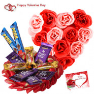 Pink N White Assortment - Heart Shape Basket Of 35 Pink & White Roses, 10 Assorted Cadbury Bars & Valentine Greeting Card